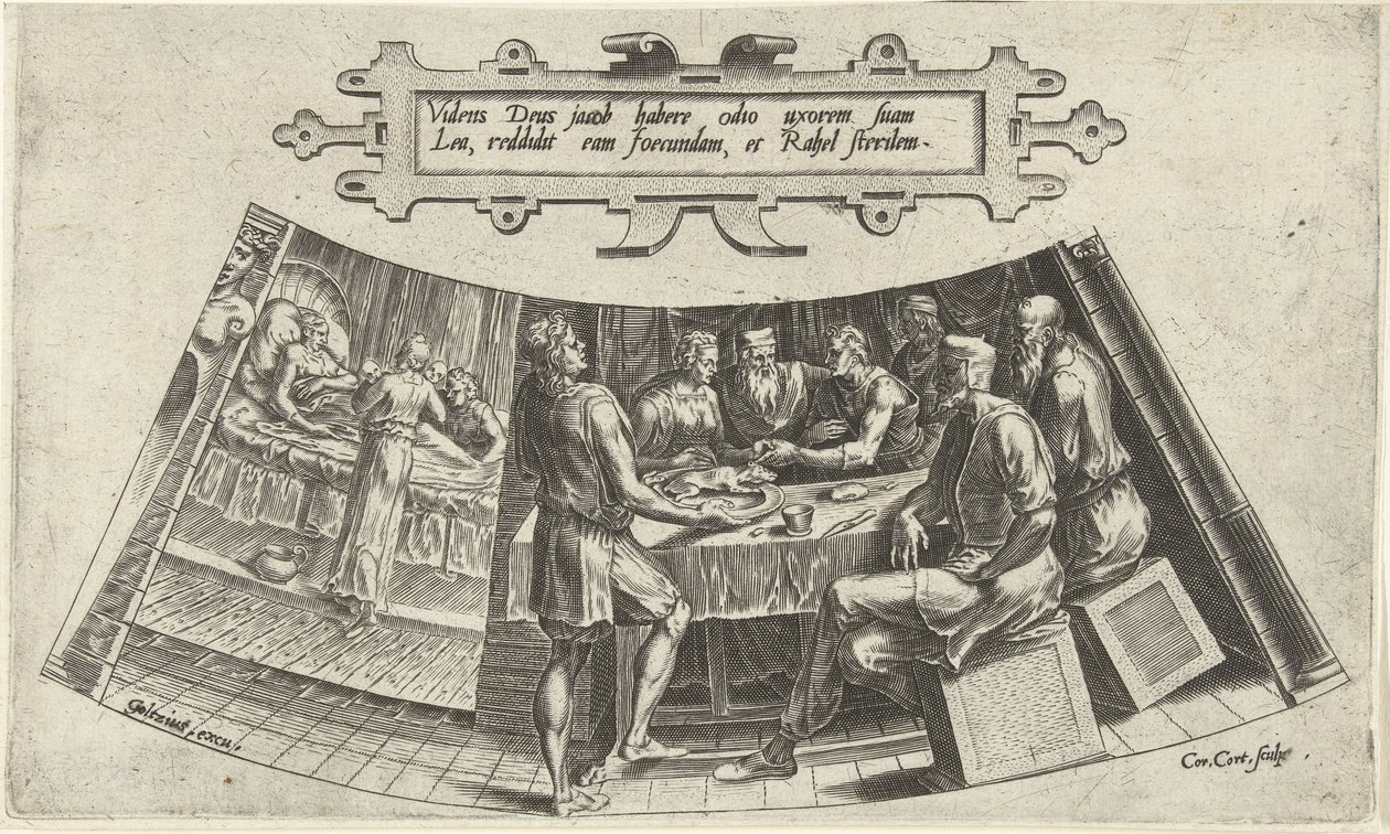 El matrimonio de Jacob y Lea y el nacimiento de su primer hijo La historia de Jacob (título de la serie) de Cornelis Cort