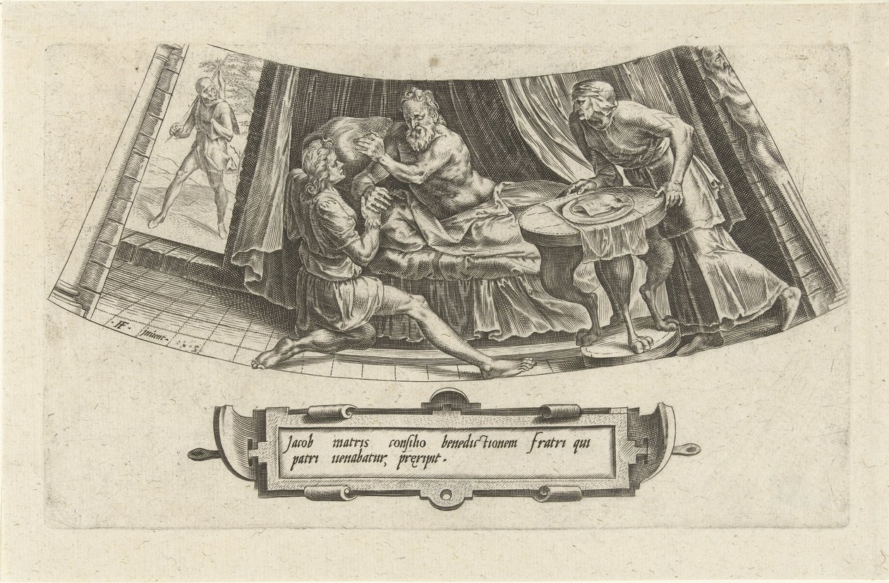 Jacob recibe la bendición paternal de Isaac La historia de Jacob (título de la serie) de Cornelis Cort