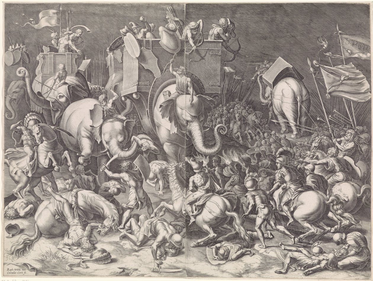Batalla de Zama entre Escipión y Aníbal, de noche de Cornelis Cort