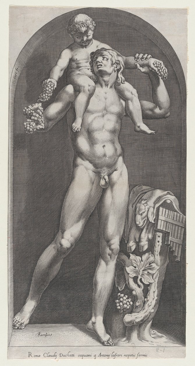 Speculum Romanae Magnificentiae: Baco sobre los hombros de un sátiro de Cornelis Cort