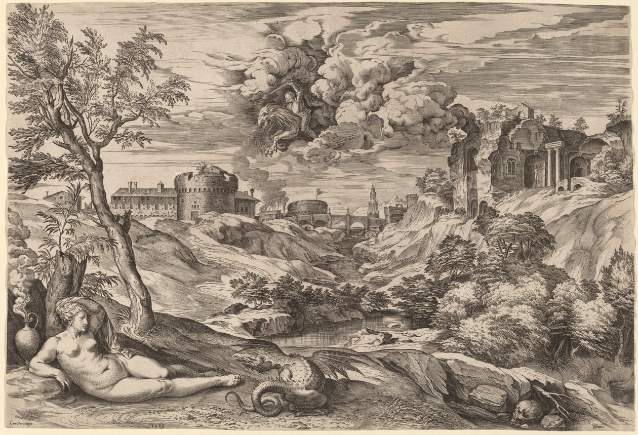 Paisaje con Roger liberando a Angélica de Cornelis Cort after Titian