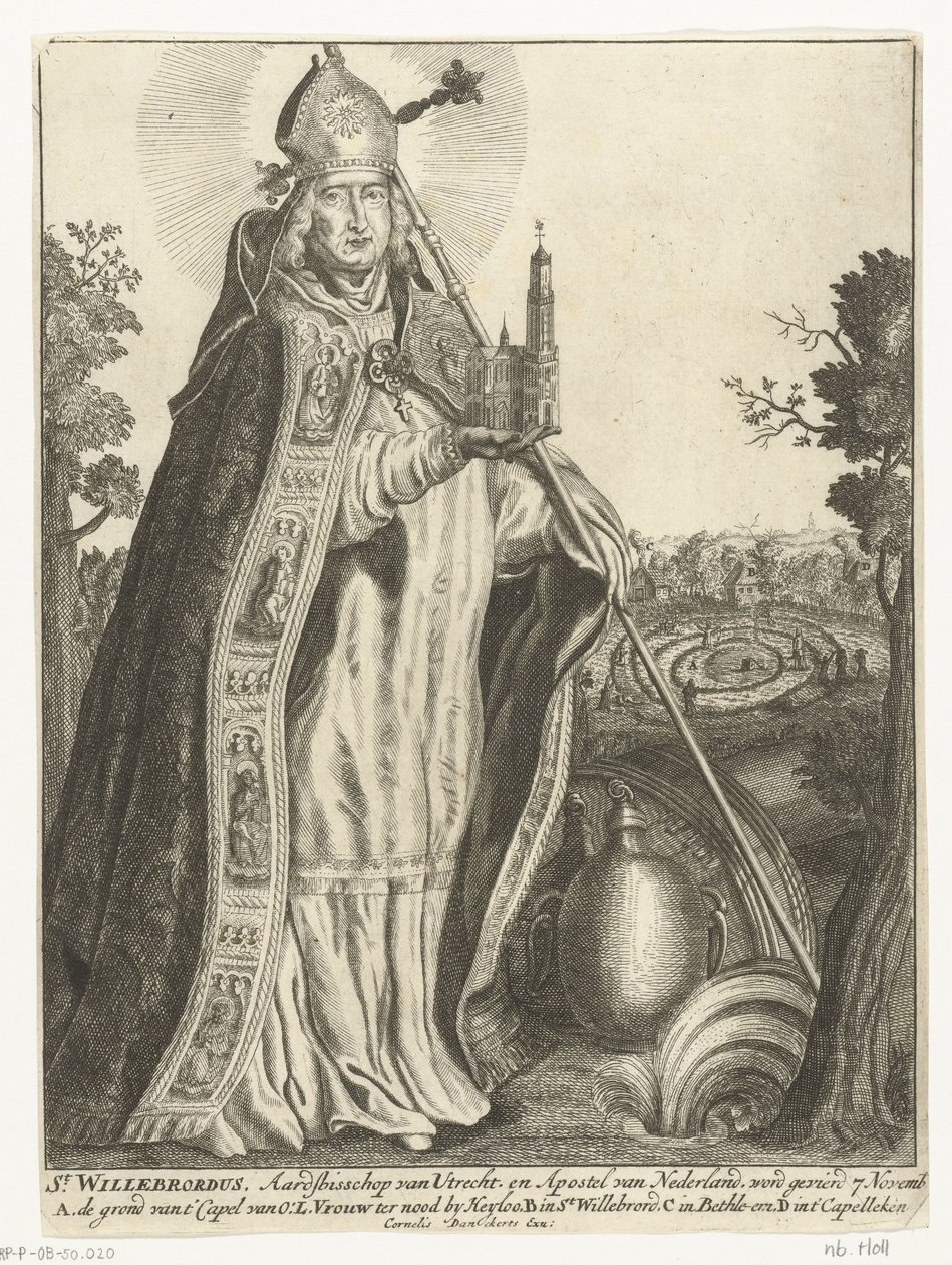 San Willibrord como arzobispo con modelo de iglesia de Dom en Utrecht St. Willebrord (título sobre el objeto) de Cornelis Danckerts (I)