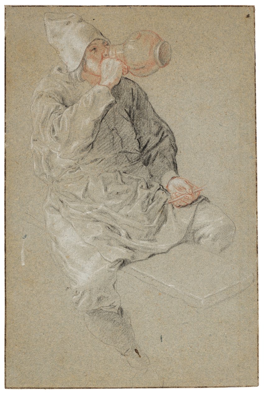 Hombre sentado bebiendo de una jarra de barro con una pipa en la mano (tiza sobre papel) de Cornelis Dusart