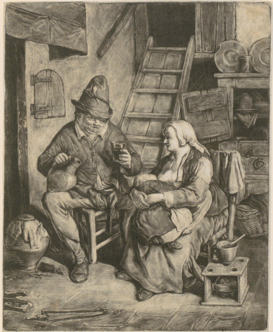 Un granjero en una casa de campo, junto a él una mujer que está dando el pecho de Cornelis Dusart