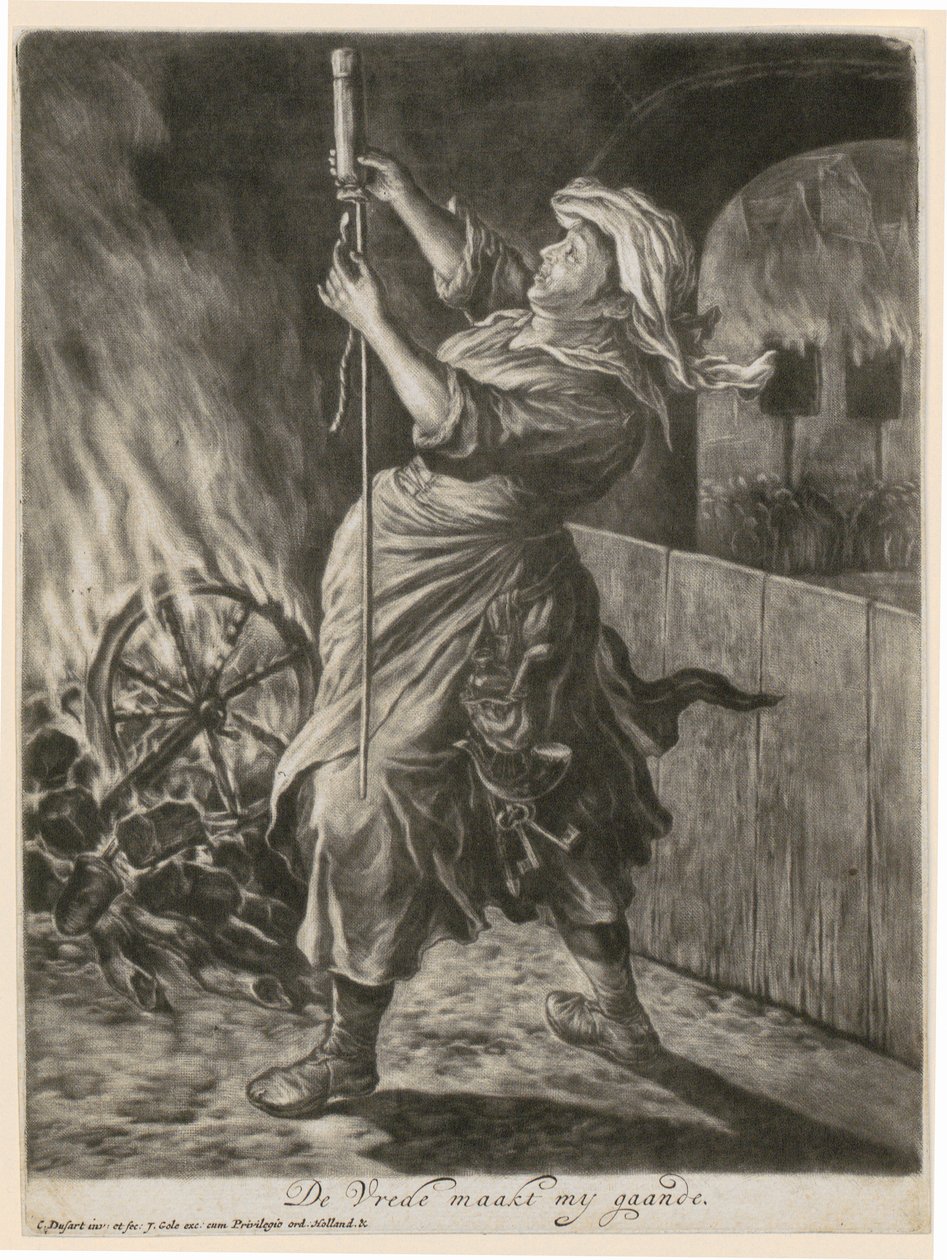 Una mujer enciende una bengala, lámina 5 de la serie «Alegría general por el asedio de Namur por Guillermo III, 1695» de Cornelis Dusart