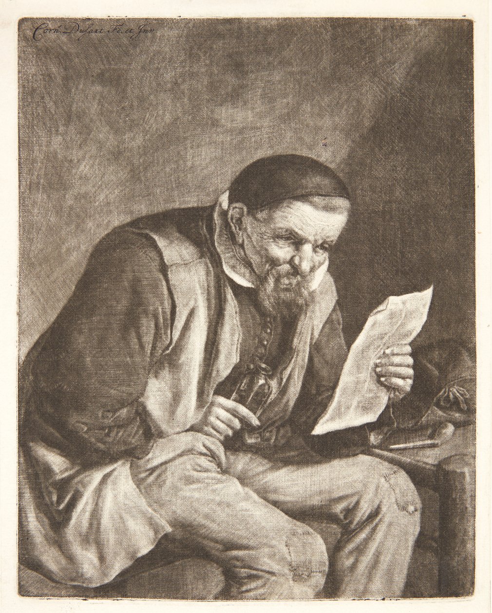 Campesino sentado leyendo una carta de Cornelis Dusart
