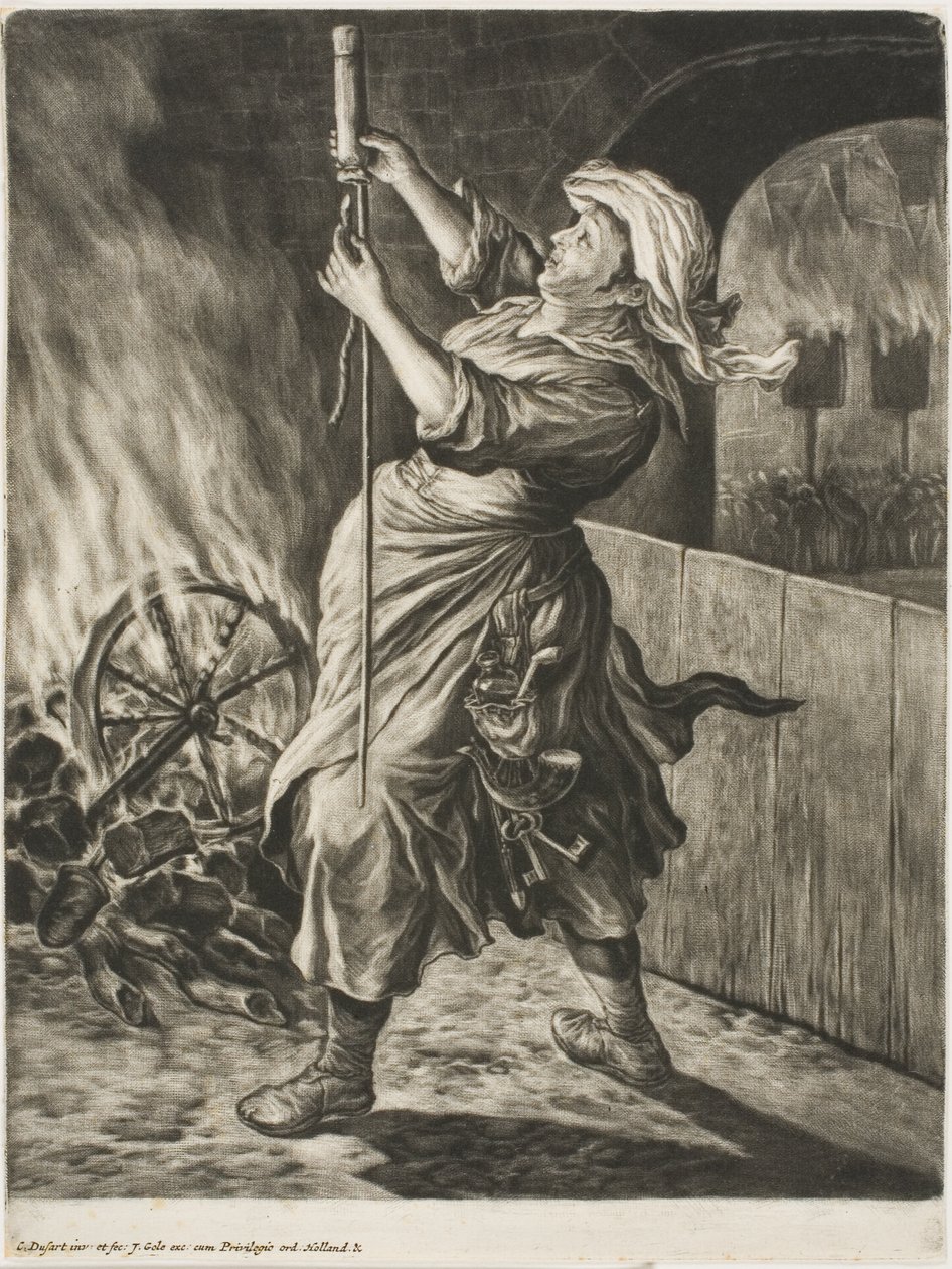 Mujer encendiendo un cohete, también llamado La paz me pone en marcha, de Communia Gaudia (El amplio regocijo en el sitio de Namur) de Cornelis Dusart