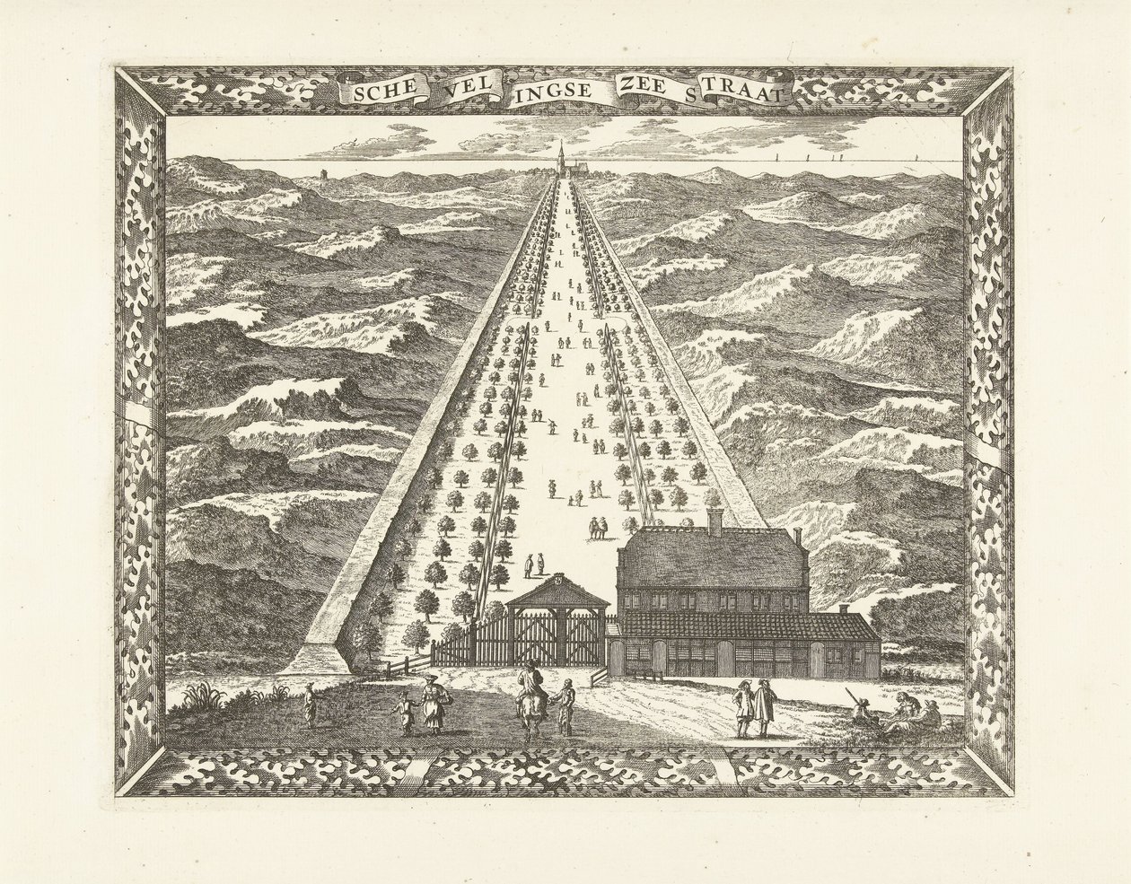 Vista de Scheveningen Zeestraat (Scheveningseweg) Estrecho de Schevelingse (título sobre el objeto) de Cornelis Elandts