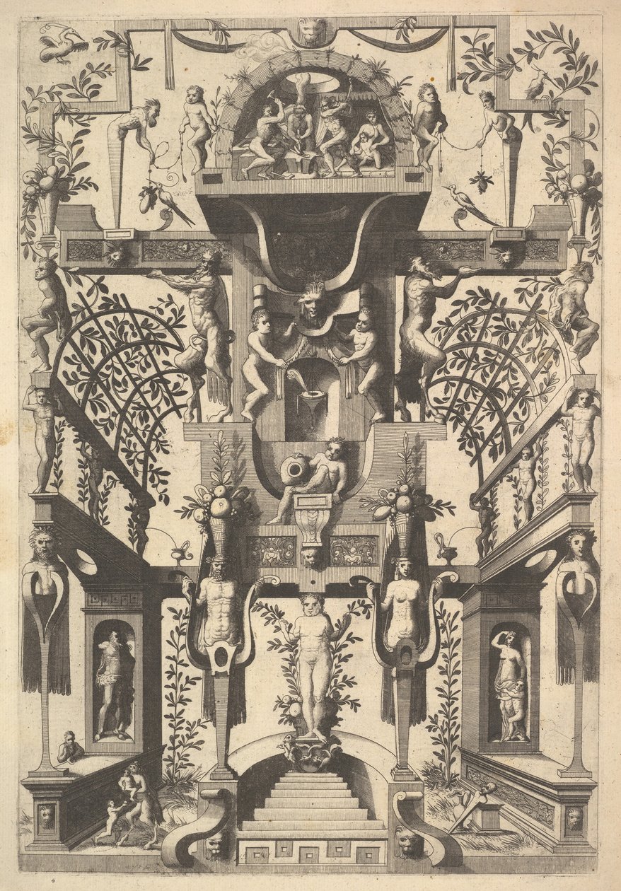 Estructura arquitectónica fantástica con obra de correa y dos pérgolas y una pequeña escena con Vu... de Cornelis Floris Ii