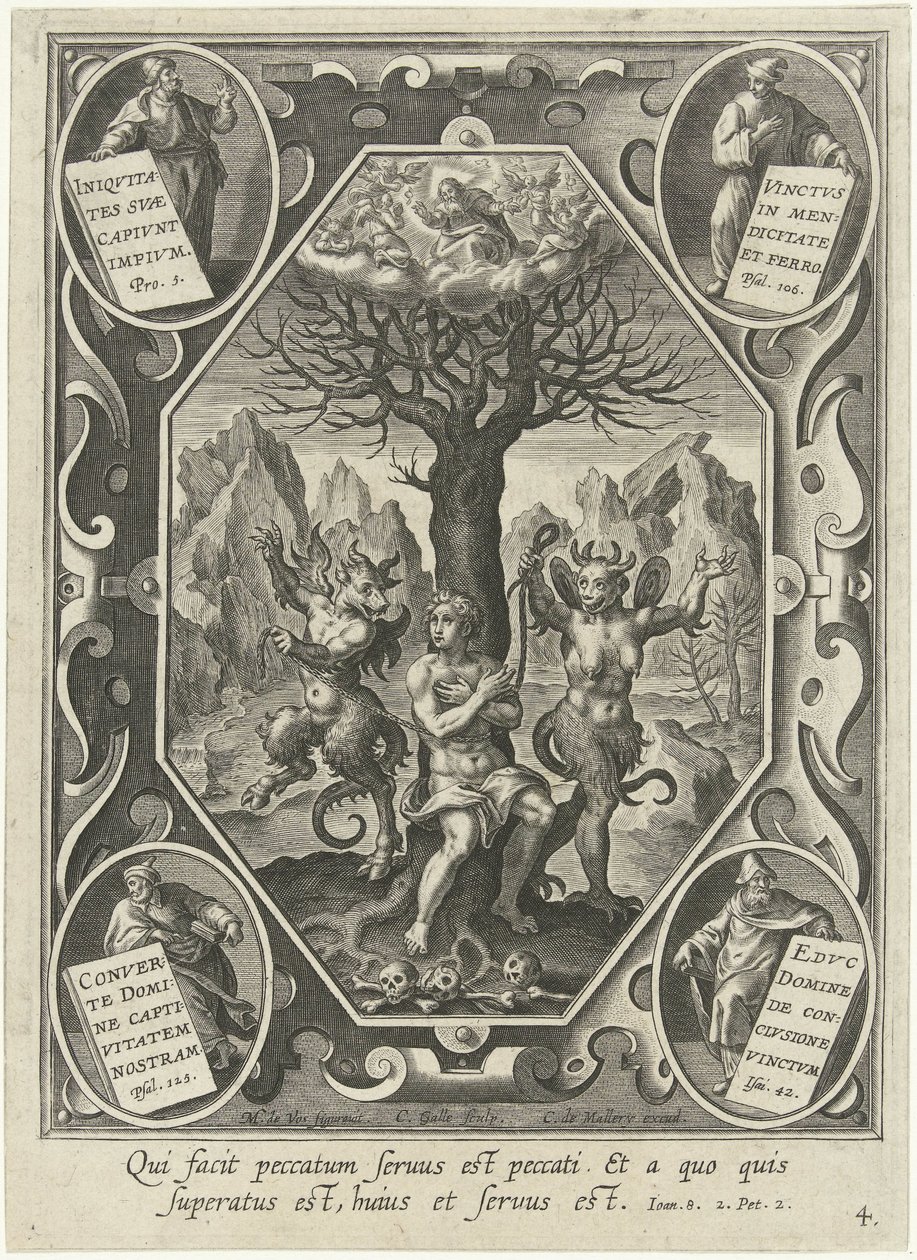 Un joven está encadenado a un árbol por dos demonios de Cornelis Galle (I)