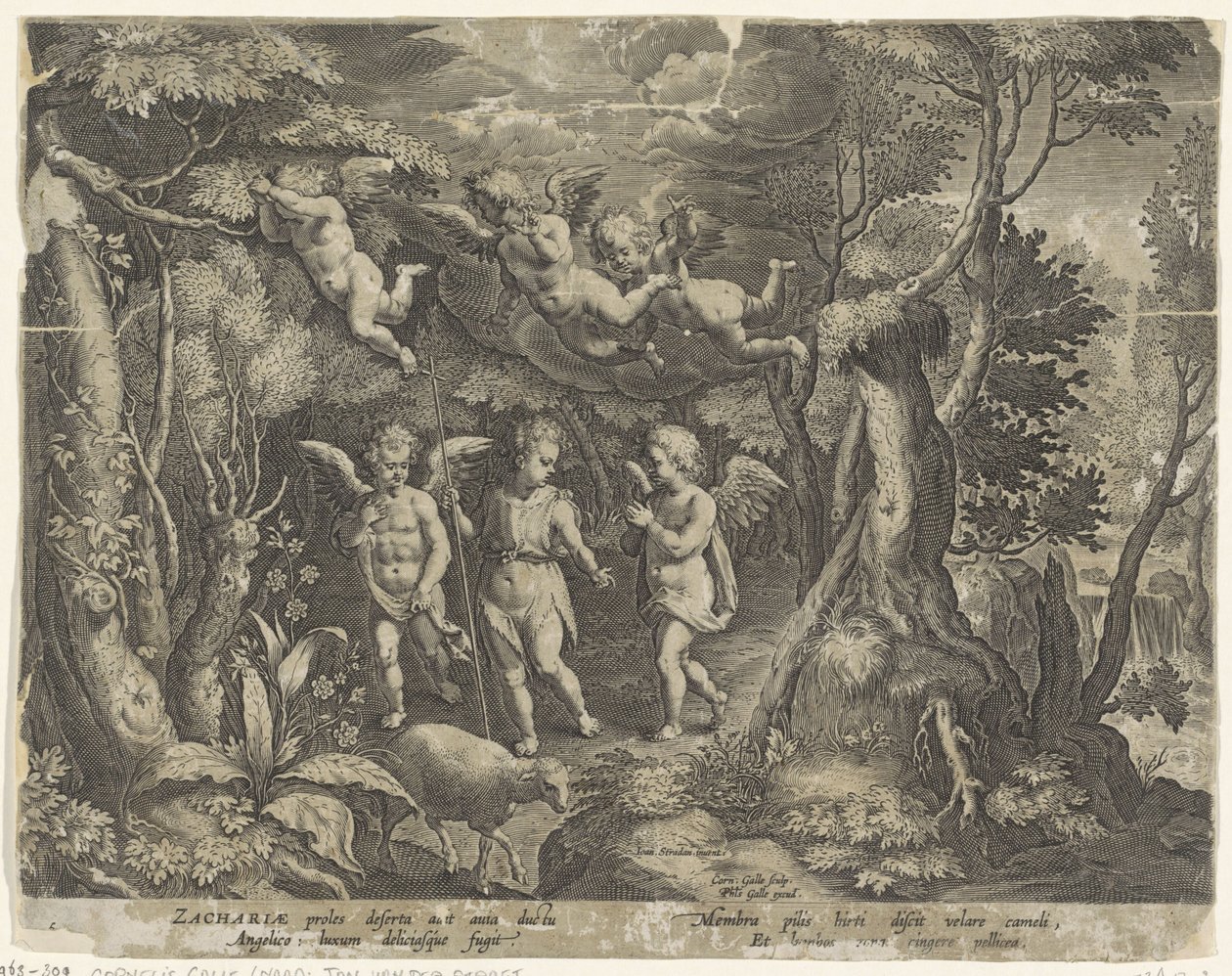 Juan el Bautista es acompañado por ángeles mientras se adentra en el desierto La vida de Juan el Bautista (título de la serie) de Cornelis Galle (I)