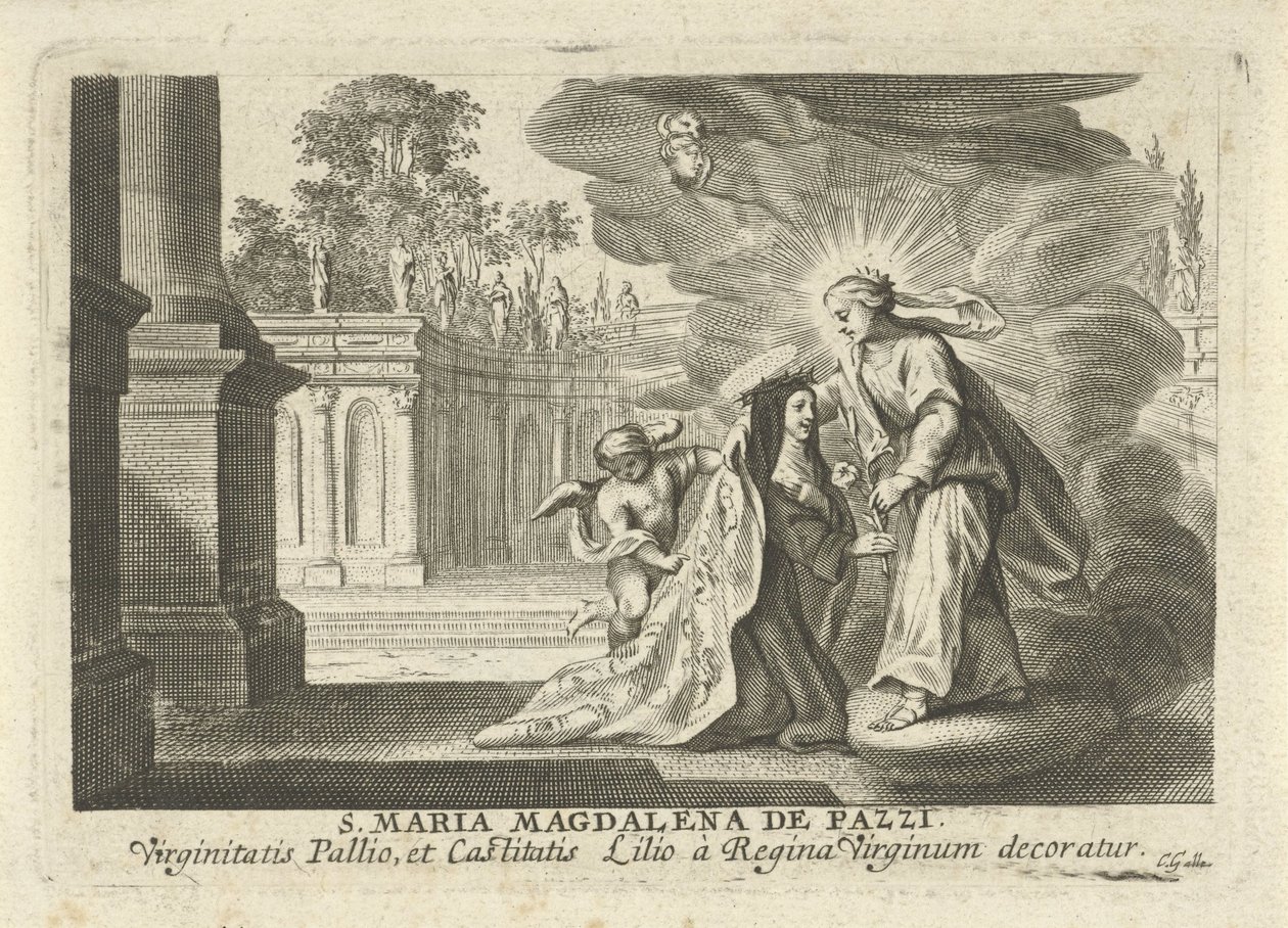 María le da una rama de lirio a Santa María Magdalena de Pazzi de Cornelis Galle (I)