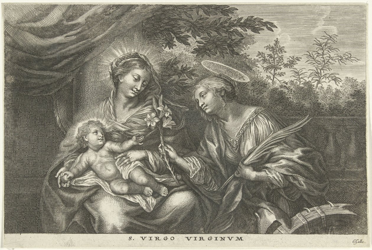 María con el Niño y Santa Catalina de Alejandría S. Virgo Virginvm (título sobre objeto) de Cornelis Galle (I)