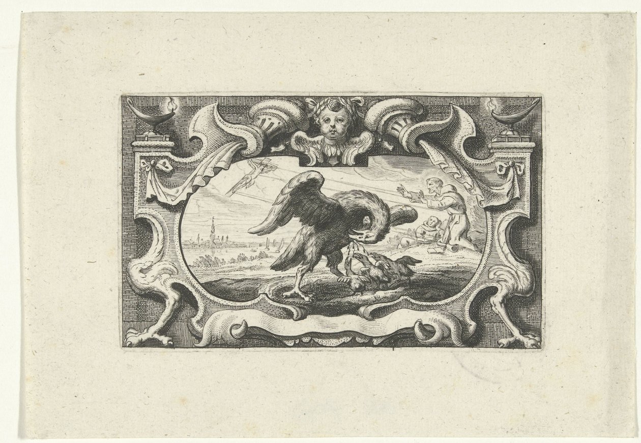 Viñeta con pelícano alimentando a sus crías con su propia sangre de Cornelis Galle (II) (attributed to)