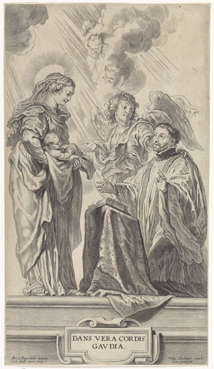 Un santo desconocido (¿Ignacio de Loyola?) se arrodilla ante María con el niño de Cornelis Galle (II)