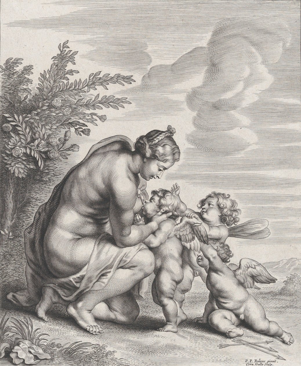 Venus amamantando a tres Cupidos en un paisaje, ca. 1627-78 de Cornelis Galle II