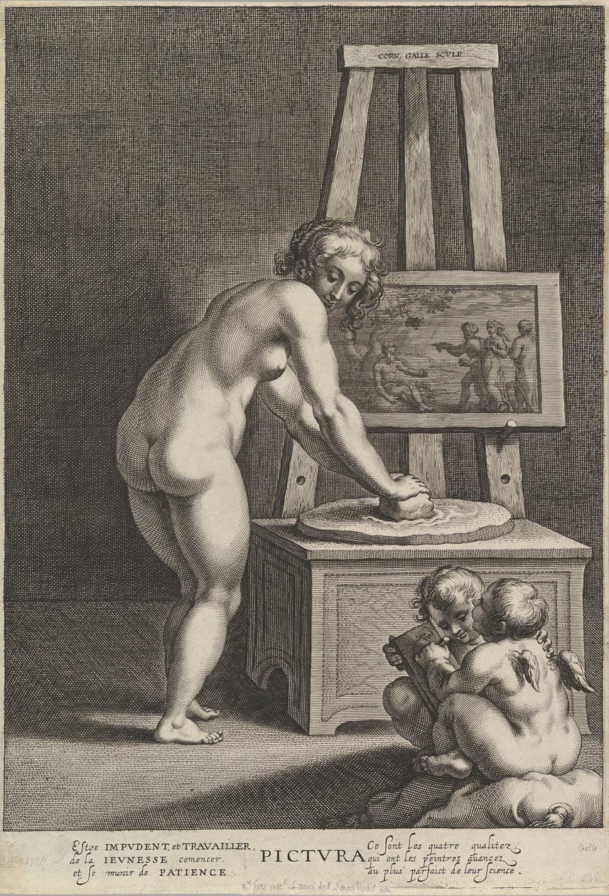 Pictura: alegoría de la pintura, con una mujer desnuda en el centro moliendo pigmentos, dos p..., ca. 1610-50 de Cornelis Galle I