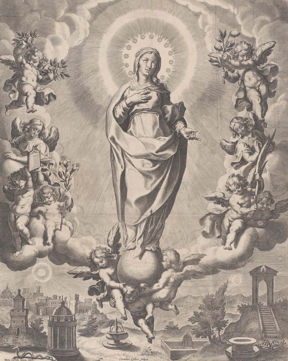 La Virgen en la gloria, de pie sobre nubes y rodeada de ángeles sosteniendo los símbolos..., 1595-1633 de Cornelis Galle I