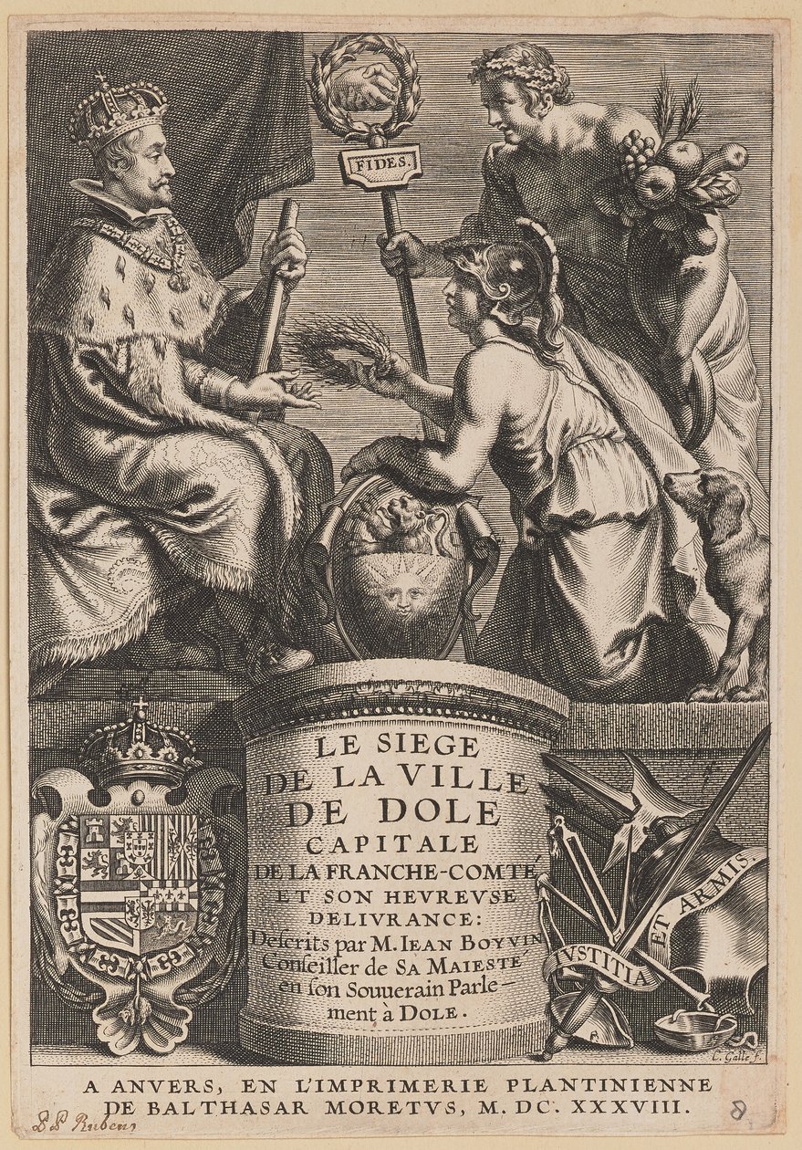 Página de título para Jean Boyvin, El sitio de la ciudad de Dole de Cornelis Galle I after Erasmus Quellinus II after Sir Peter Paul Rubens