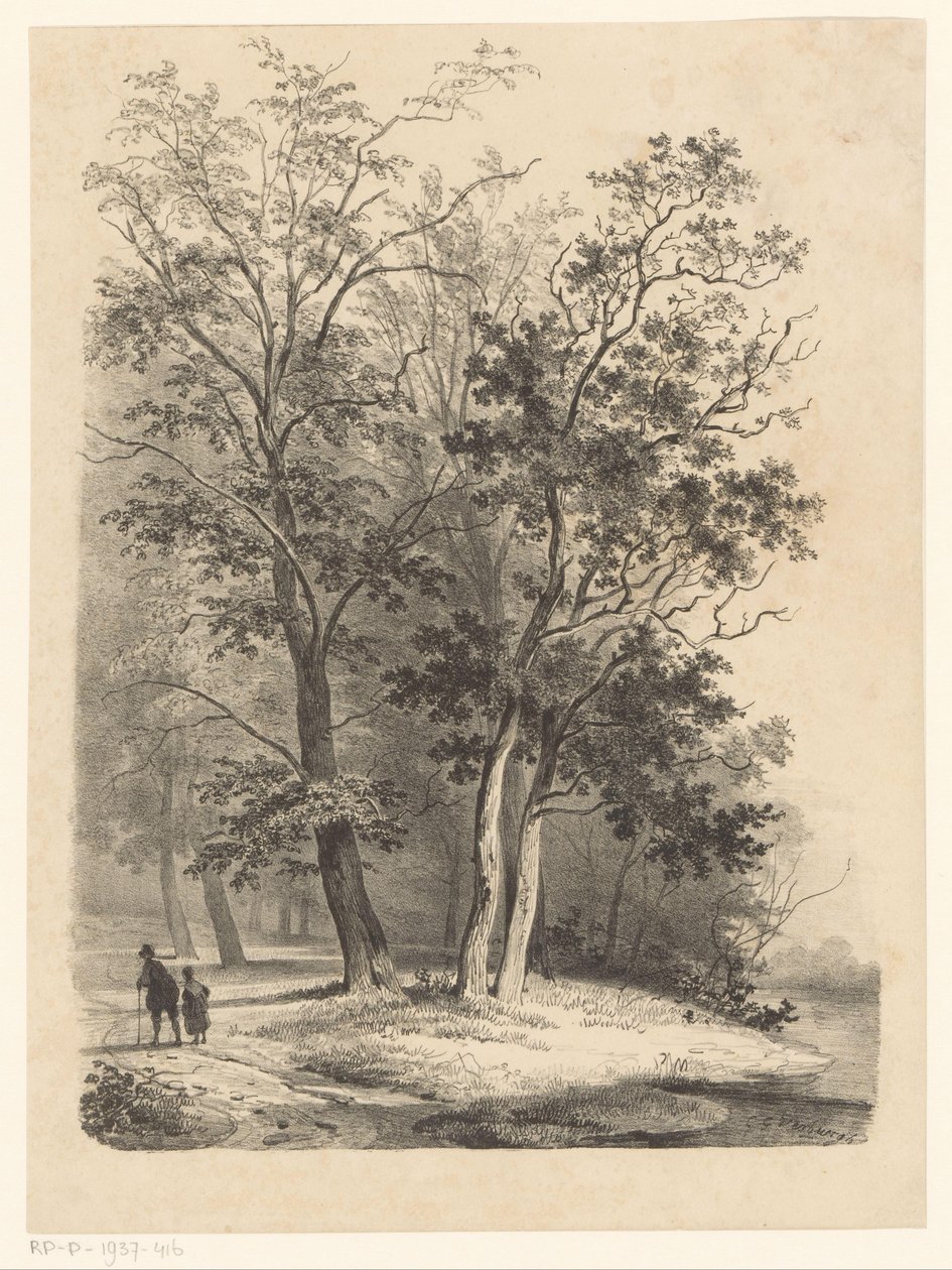 Dos figuras caminando en un bosque de Cornelis Gerrit Verburgh