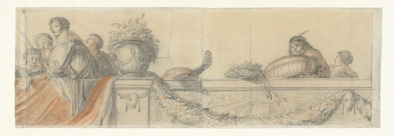 Personas en una balaustrada con festones
Diseños de murales en el castillo de Honselaersdijk (título de la serie) de Cornelis Holsteyn