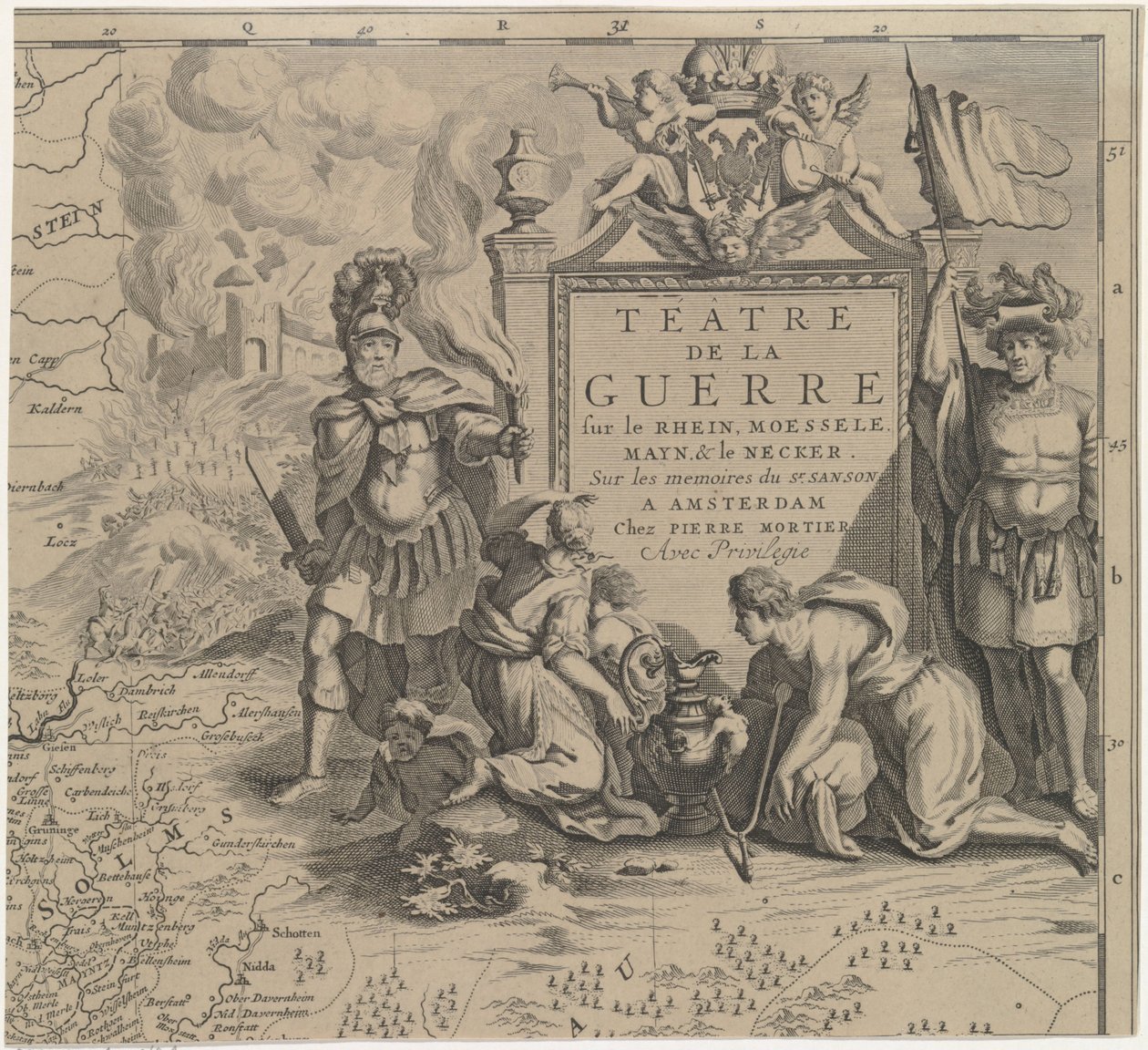 Mapa de la región de Solms entre Marburg y Frankfurt am Main en Alemania (hoja arriba a la derecha) Téâtre de la Guerre sur le Rhein, Moessele, Mayn & le Necker (título sobre el objeto) de Cornelis Huyberts