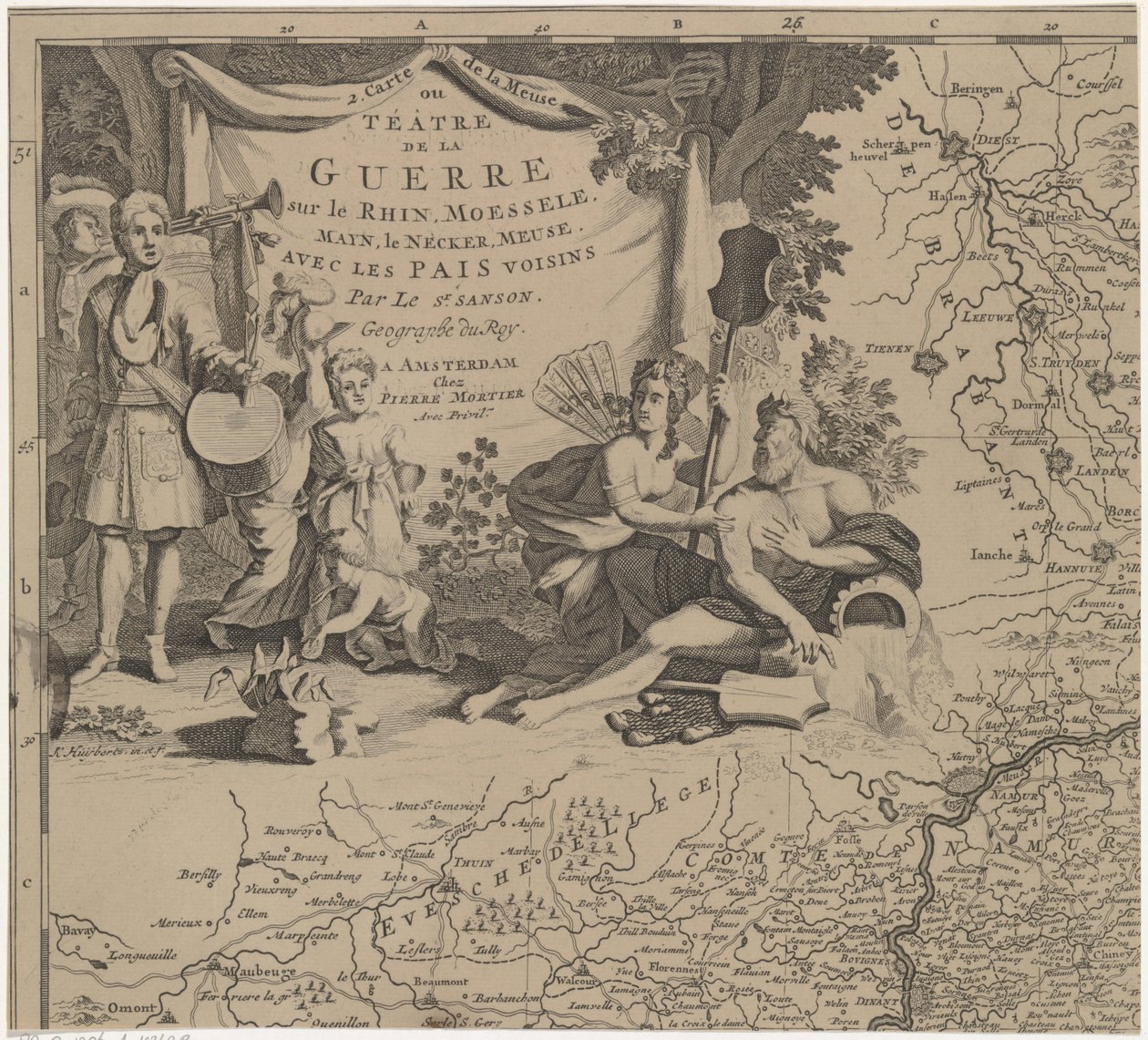 Mapa de la región este y sur de Bruselas y el condado de Namur (hoja superior izquierda) Carte de la Meuse ou Téâtre de la Guerre sur le Rhein, Moessele, Mayn, le Necker, Meuse avec les pais voisins (título sobre el objeto) de Cornelis Huyberts