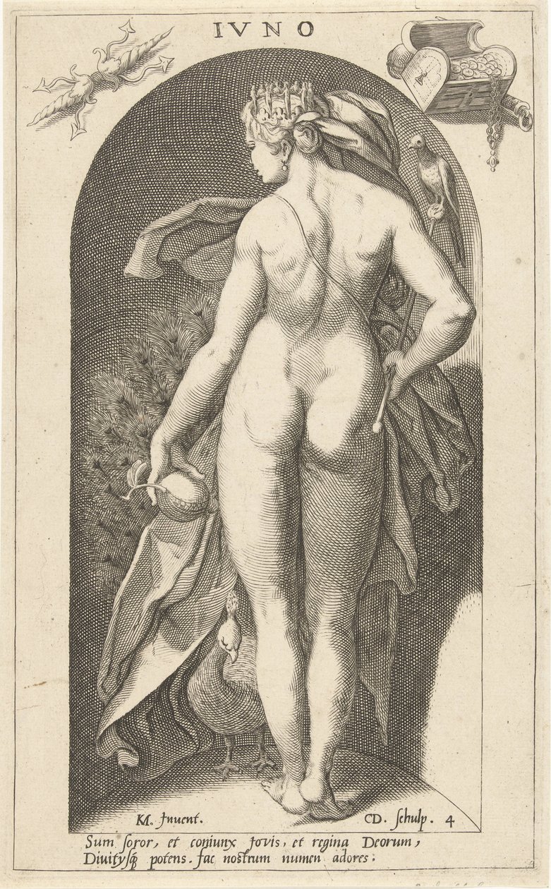 Juno con pavo real Ivno (título sobre objeto) Dioses antiguos (título de la serie) de Cornelis Jacobsz. Drebbel