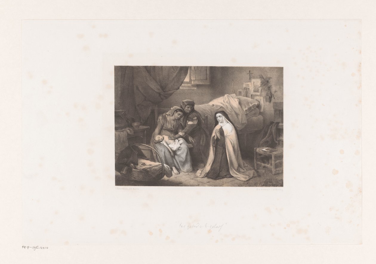 Monja rezando con niño enfermo de Cornelis Kruseman