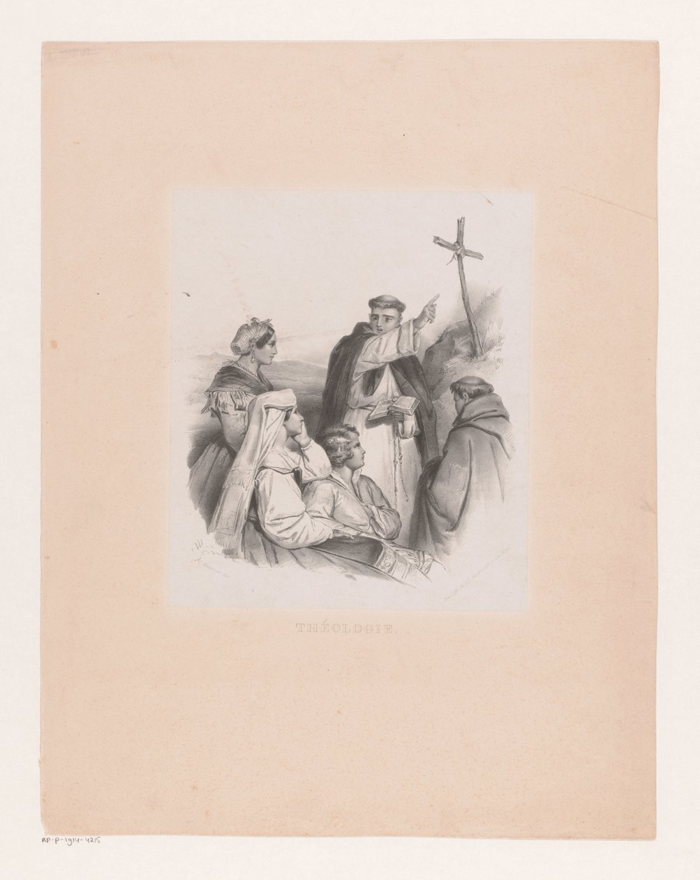 Compañía y monjes en una cruz Teología (título sobre objeto) de Cornelis Kruseman