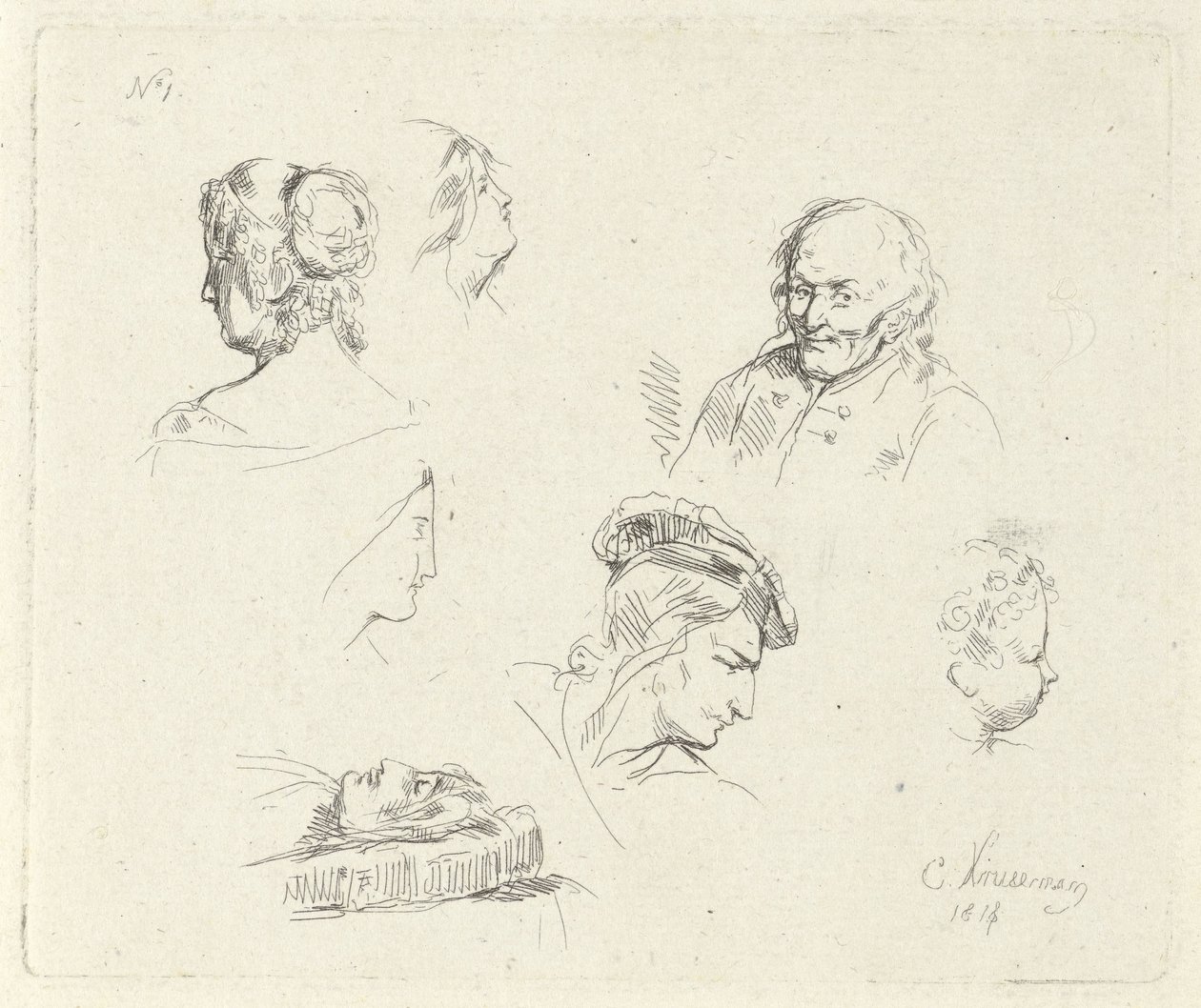 Hoja de estudio con diferentes encabezados. de Cornelis Kruseman