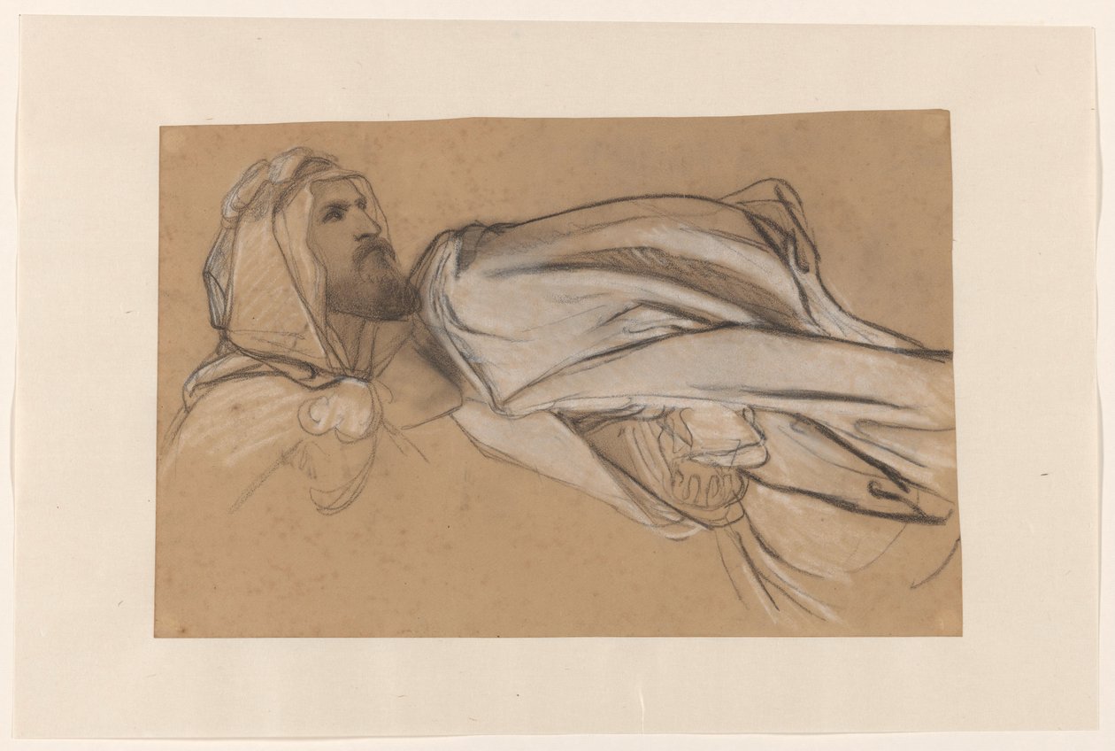 Estudios para el Sermón de Juan el Bautista en el desierto: estudio de la cabeza masculina y del drapeado de una figura sentada de Cornelis Kruseman