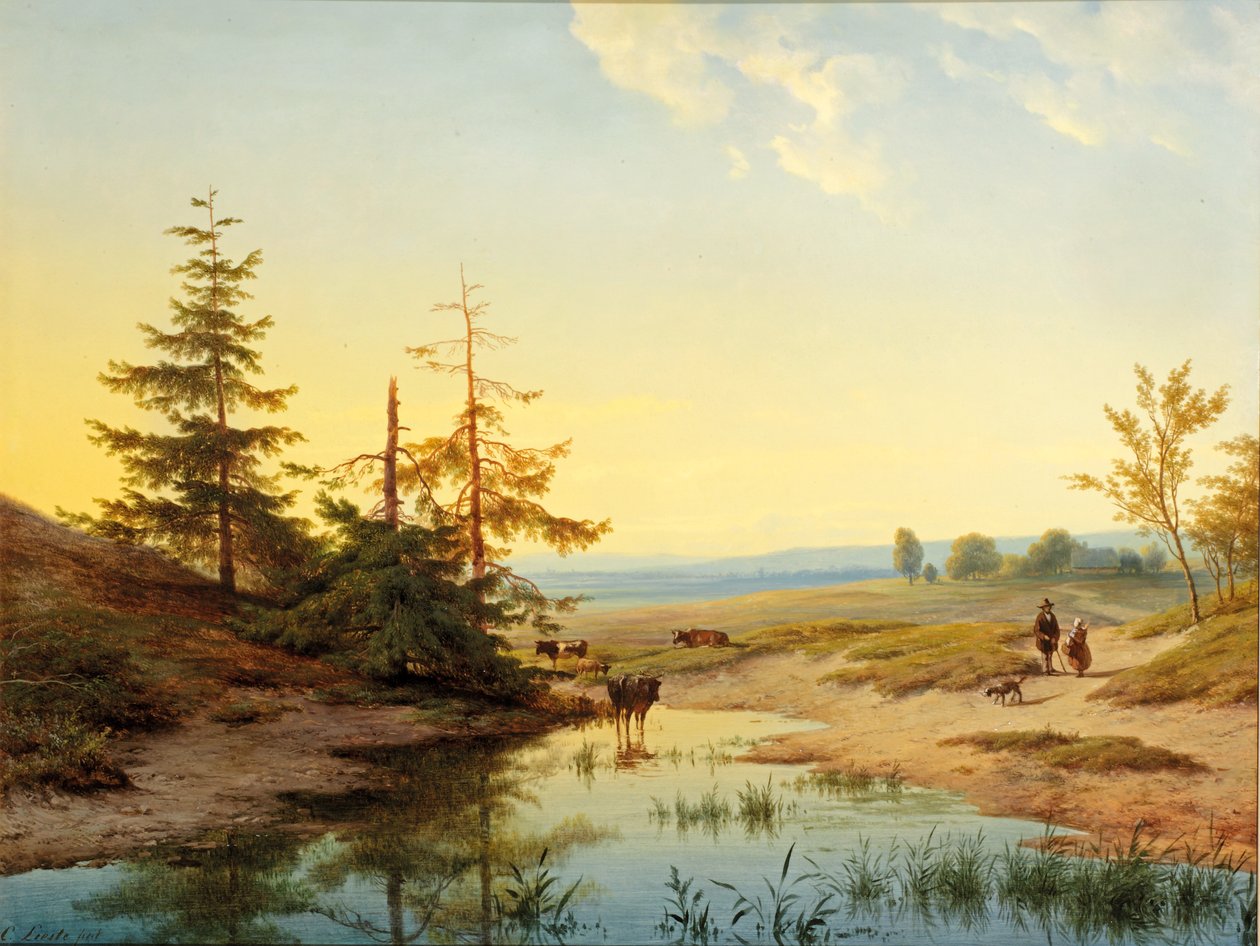 Un páramo con figuras y ganado junto a un estanque de Cornelis Lieste