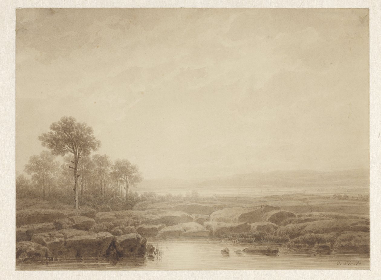Paisaje con rocas cerca del agua de Cornelis Lieste
