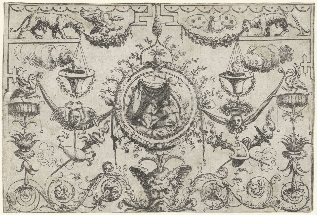 Adorno con tres figuras arrodilladas bajo un paño de Cornelis Massijs (attributed to)