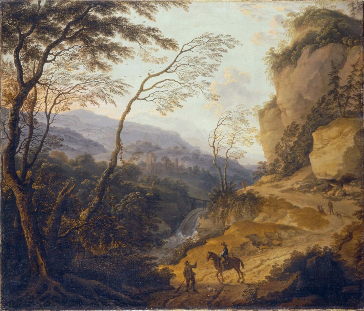 Holandés: Paisaje de montaña con un jinete y un cazador conversando de Cornelis Matthieu
