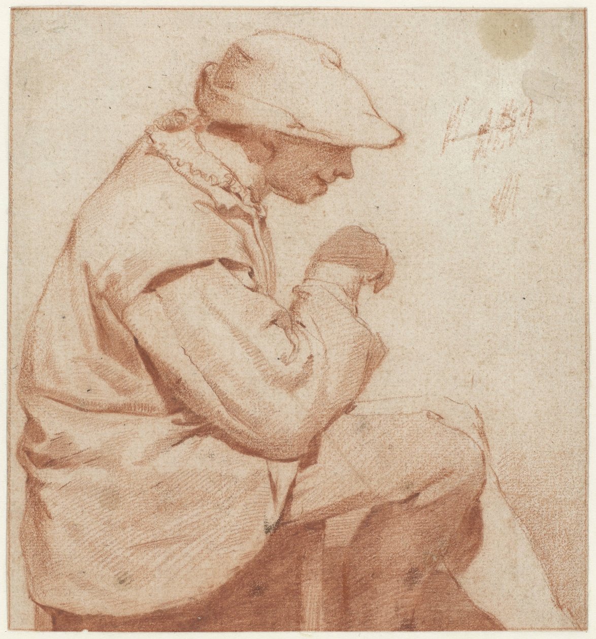 Hombre sentado con gorra blanda, de perfil a la derecha, con la mano derecha levantada de Cornelis Pietersz. Bega (attributed to)