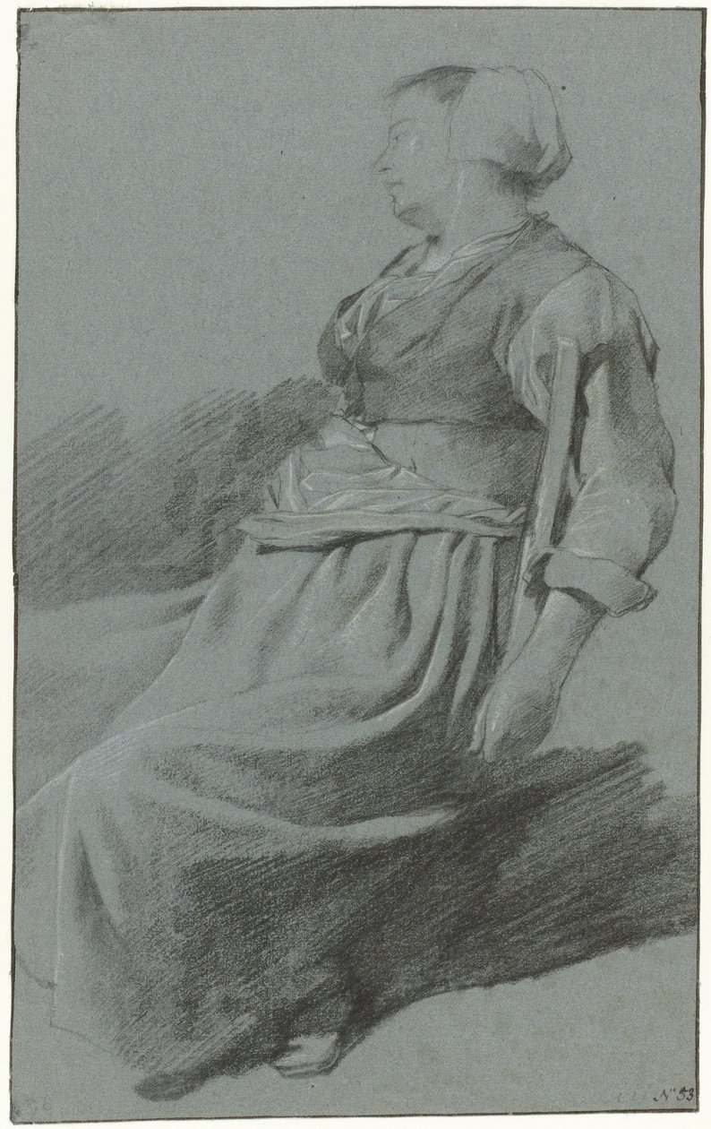 Mujer sentada, mirando hacia la izquierda y con gorra, con el brazo colgado del respaldo de una silla a la izquierda de Cornelis Pietersz. Bega