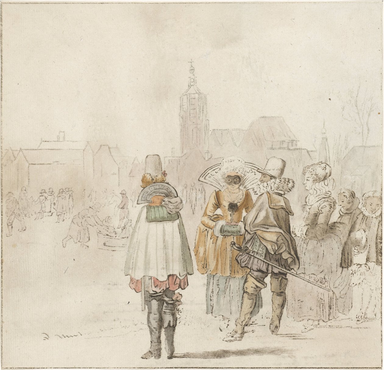 Compañía elegante sobre el hielo de Cornelis Ploos van Amstel (signed by artist)