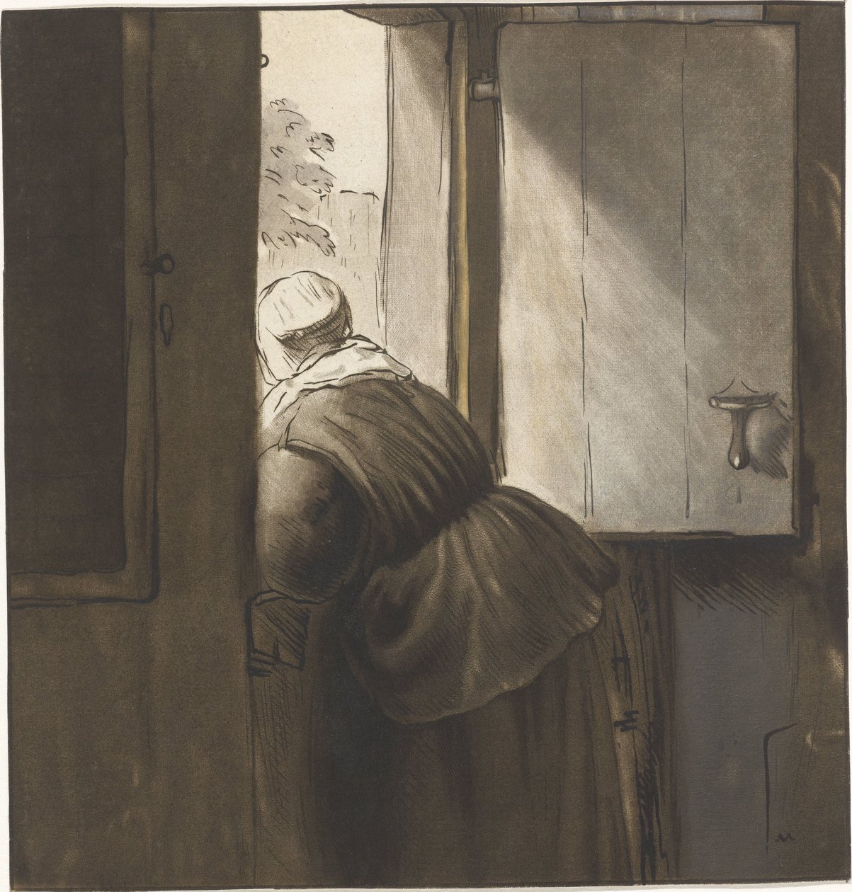 Mujer inclinada sobre una puerta inferior de Cornelis Ploos van Amstel (signed by artist)