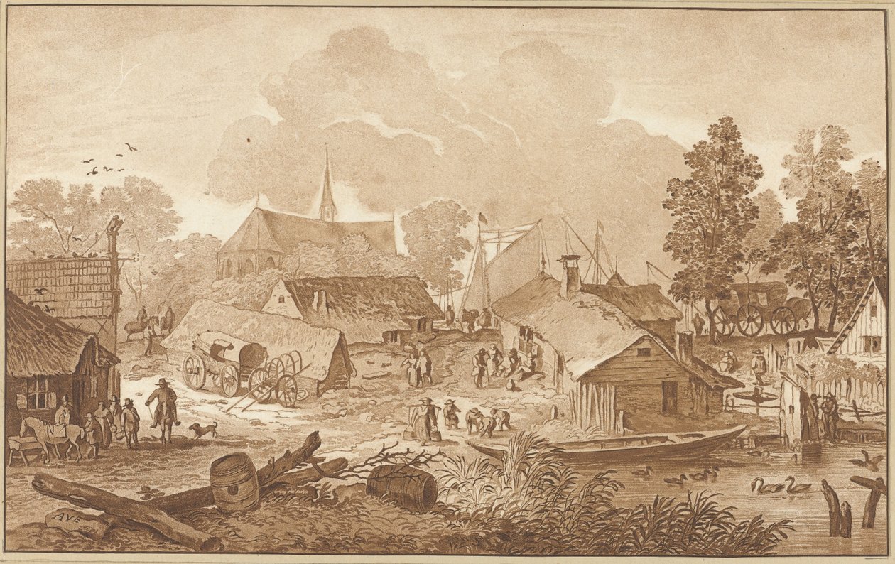 Vista del pueblo con estanque de Cornelis Ploos van Amstel