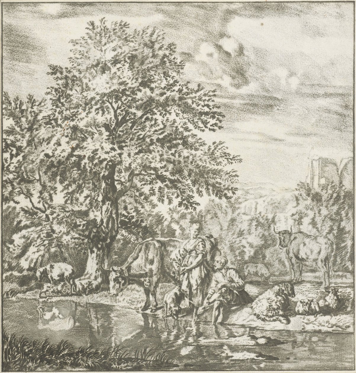 Pastor y pastora con rebaño junto a un río Trabajo impreso (título de la serie) de Cornelis Ploos van Amstel