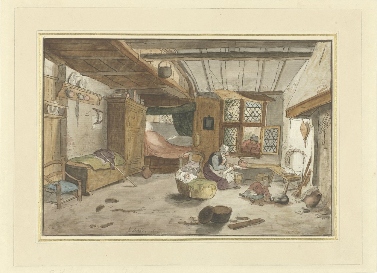 Interior con mujer en cuna de Cornelis Ploos van Amstel