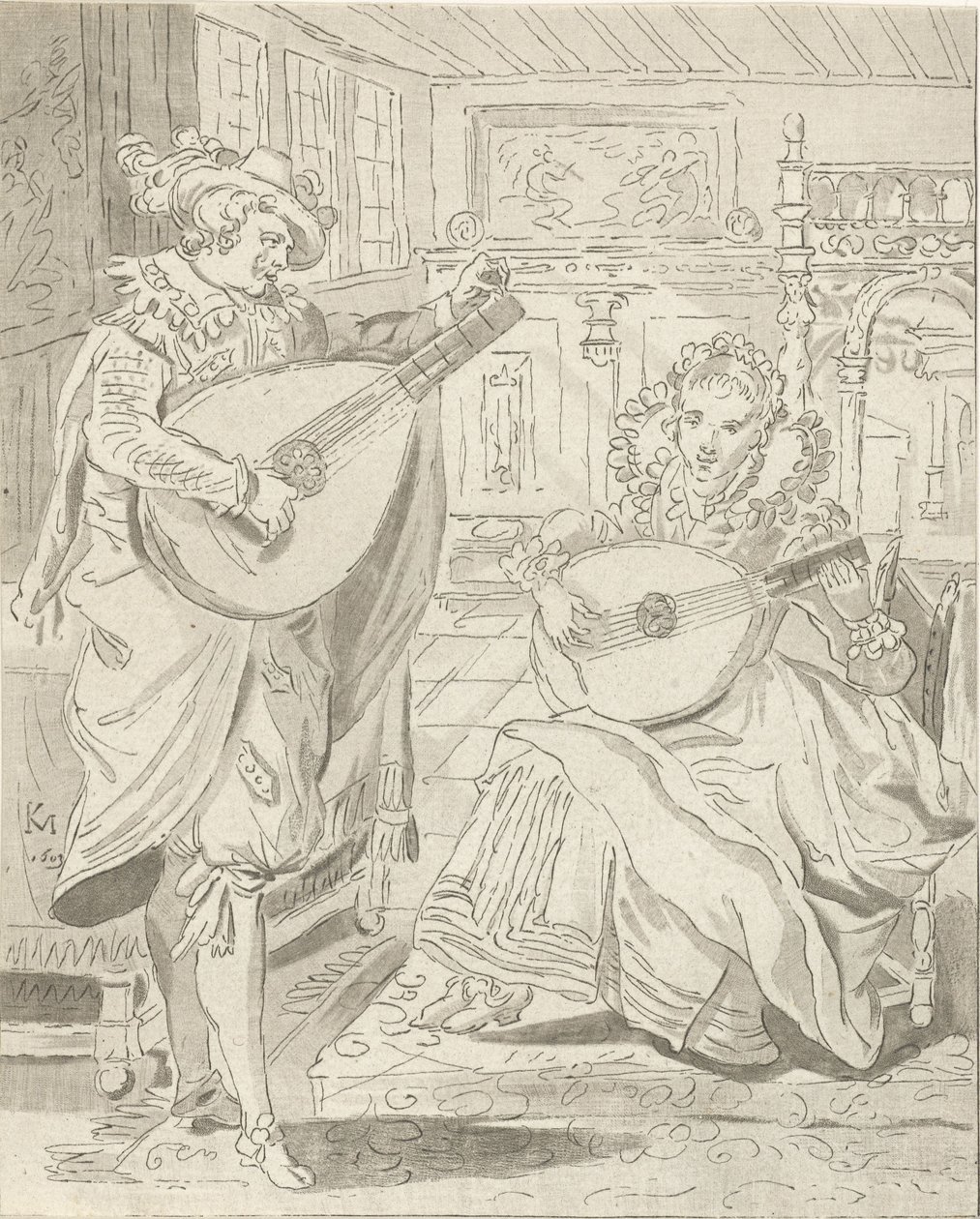 Laúd tocando caballero y dama de Cornelis Ploos van Amstel