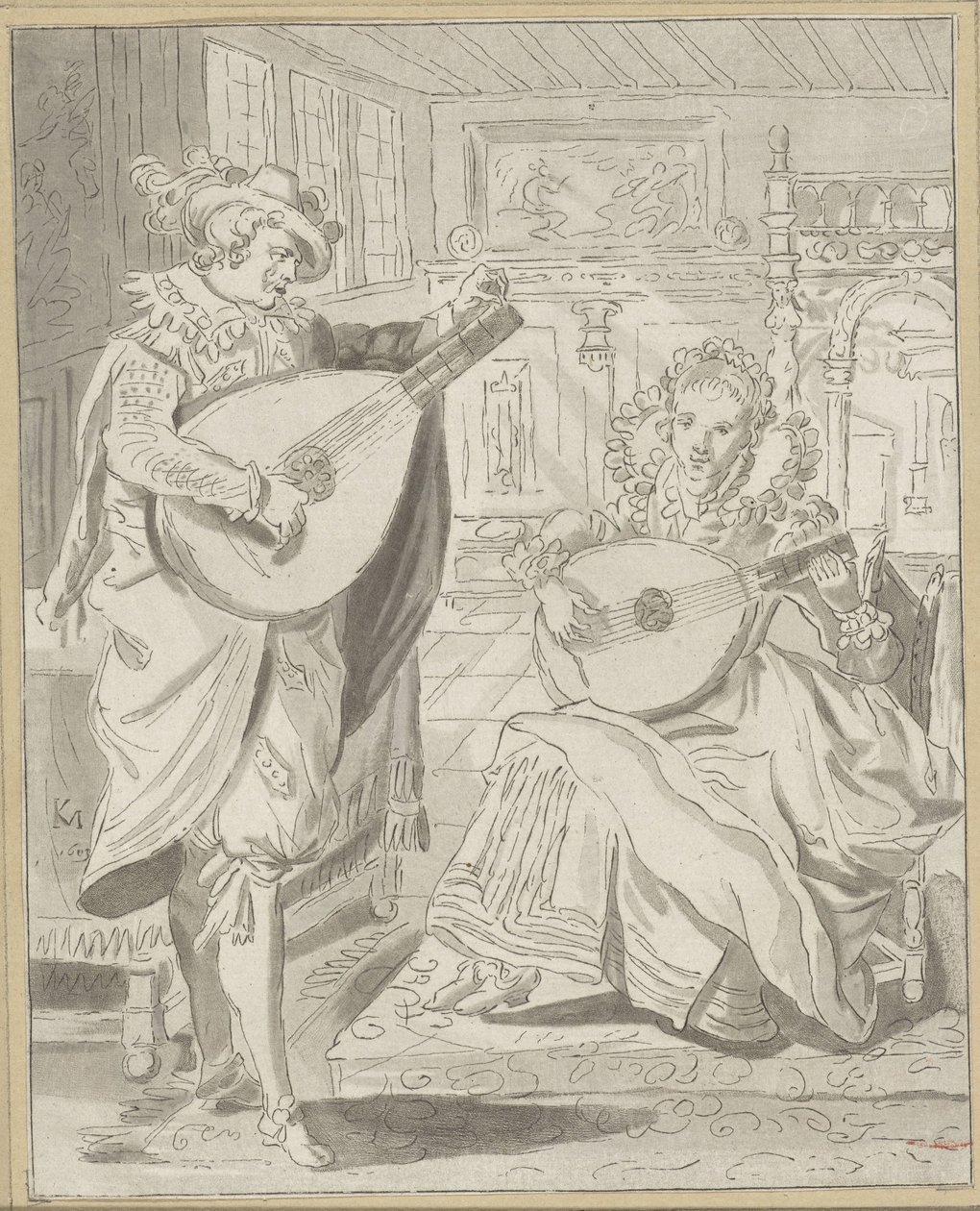 Laúd tocando caballero y dama de Cornelis Ploos van Amstel