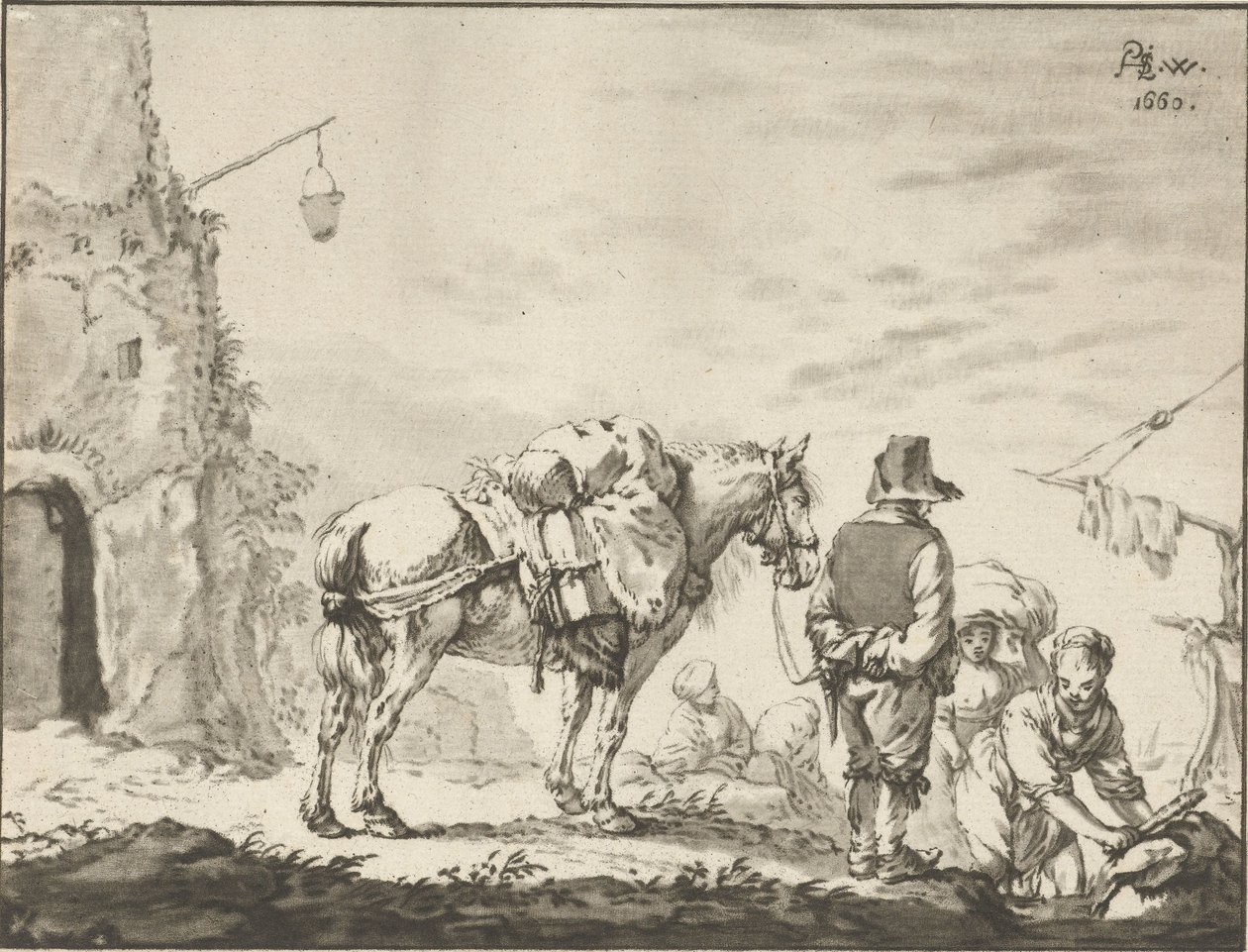 Hombre a caballo con lavandera de Cornelis Ploos van Amstel