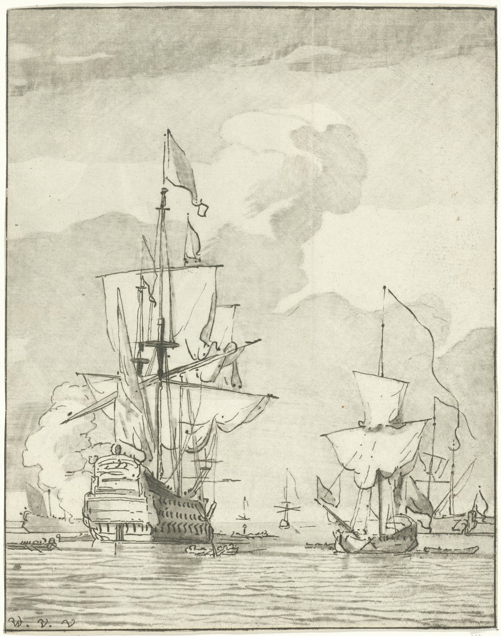 Buque de guerra disparando un tiro de Cornelis Ploos van Amstel