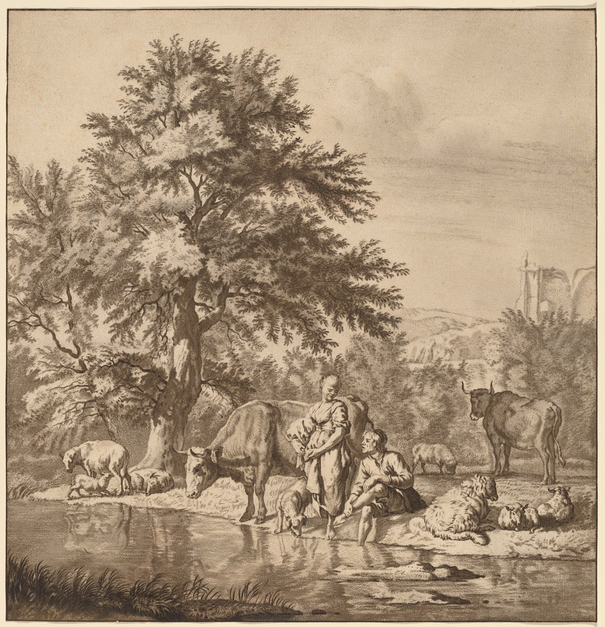 Pastor y pastora con su rebaño de Cornelis Ploos van Amstel after Adriaen