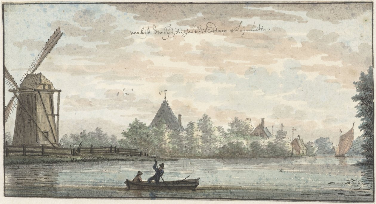 Molino de viento "De Vos" y vivienda "Verbeid Den Tijd" en el Drecht entre Leimuiden y Bilderdam de Cornelis Pronk (possibly)