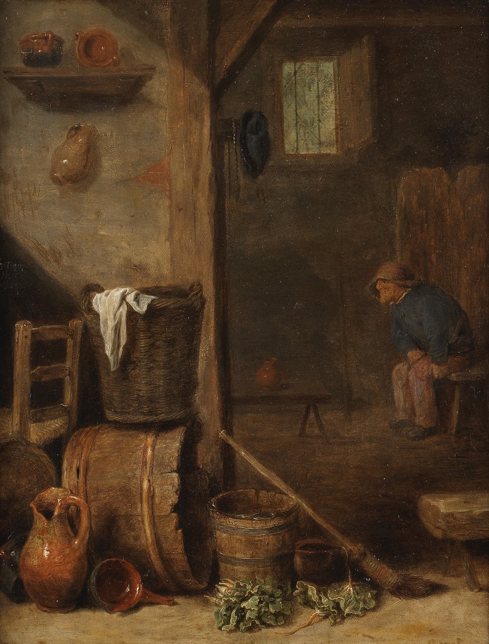 Interior de una cocina con una figura sentada en la habitación contigua de Cornelis Saftleven
